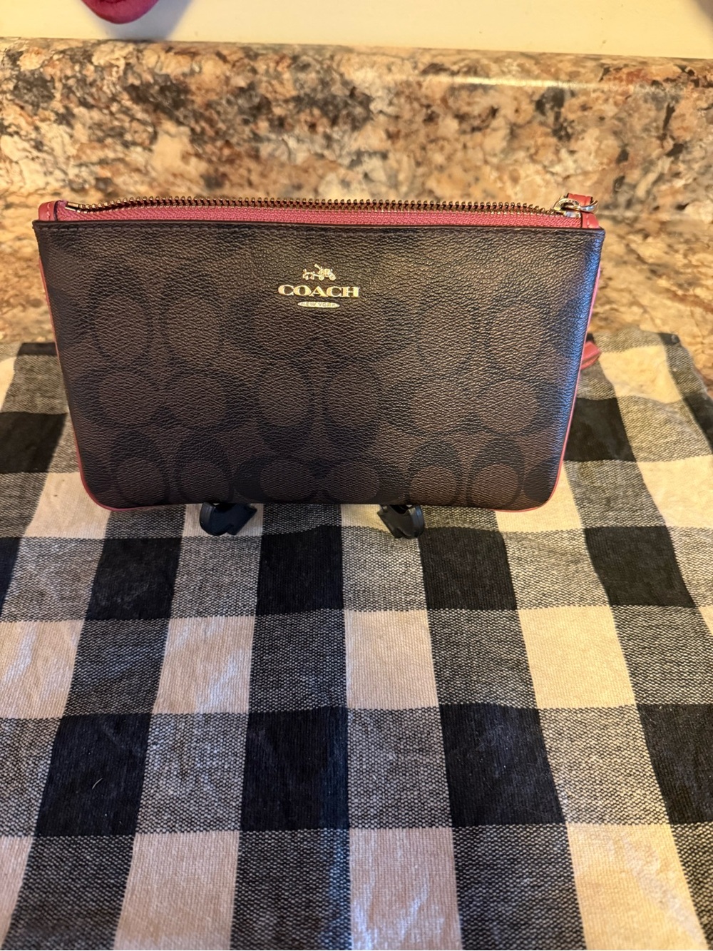Coach Brown Signature Canvas Wristlet with Pink Trim